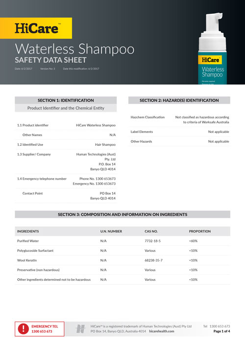 HiCare Health's Waterless Shampoo Safety Data Sheet